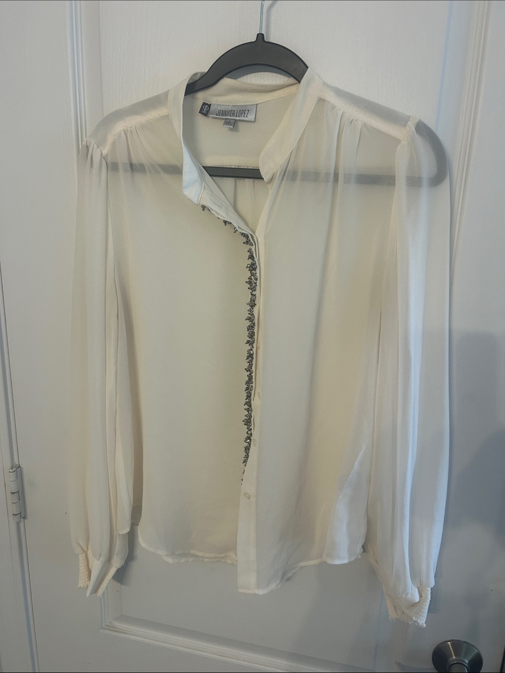 Jennifer Lopez Cream Sheer Long-Sleeve Blouse with Embroidered Trim
